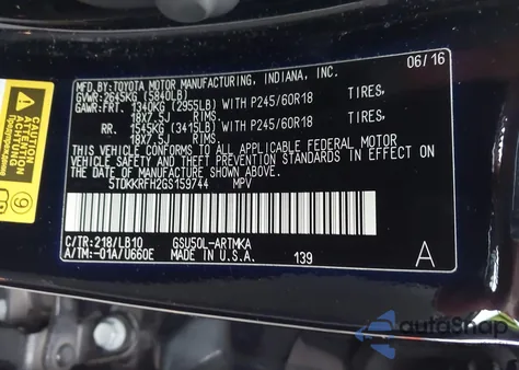 2016 Toyota Highlander Xle V6 z USA, uszkodzony, nr VIN 5TDKKRFH2GS159744